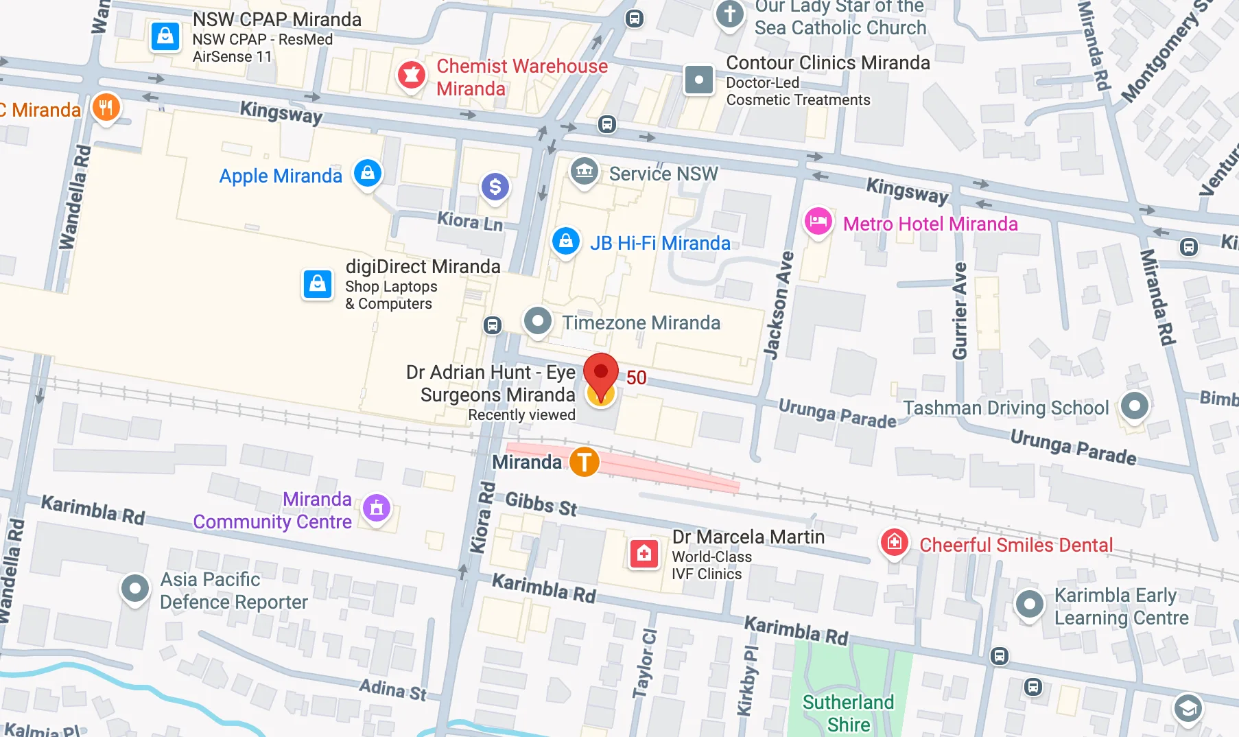 Map showing Eye Surgeons Miranda at Suite 6, Ground Floor, 50-52 Urunga Parade, Miranda